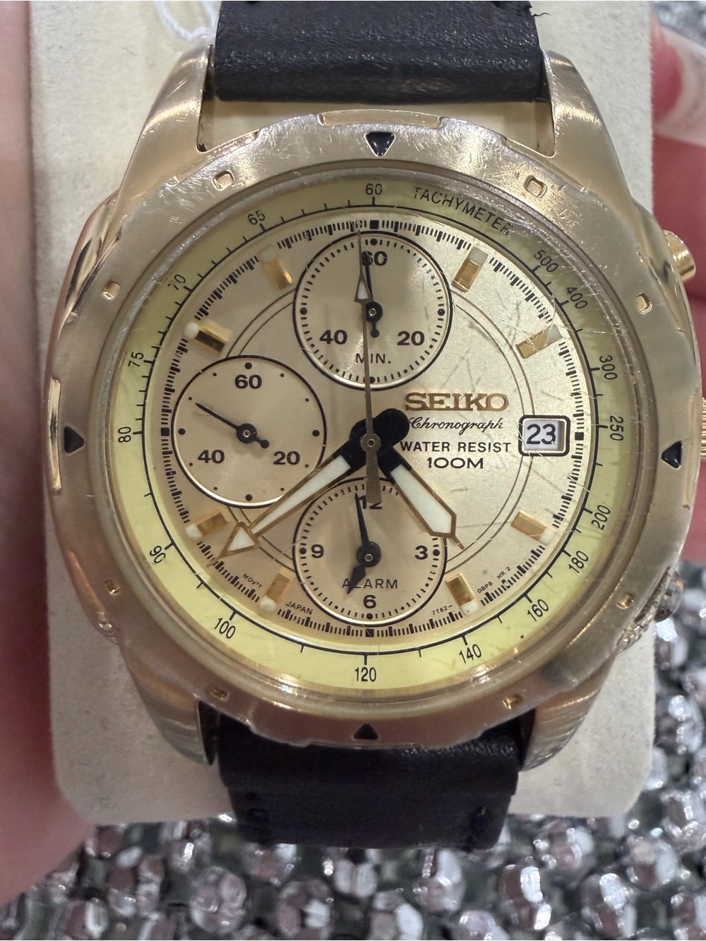 Seiko Gold Chronograph Watch - Gold Dial, Black Strap